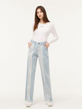 將圖片載入圖庫檢視器 CITYBREEZE 淺藍色拼接單寧牛仔寬褲 ((G)IDLE曹薇娟同款)