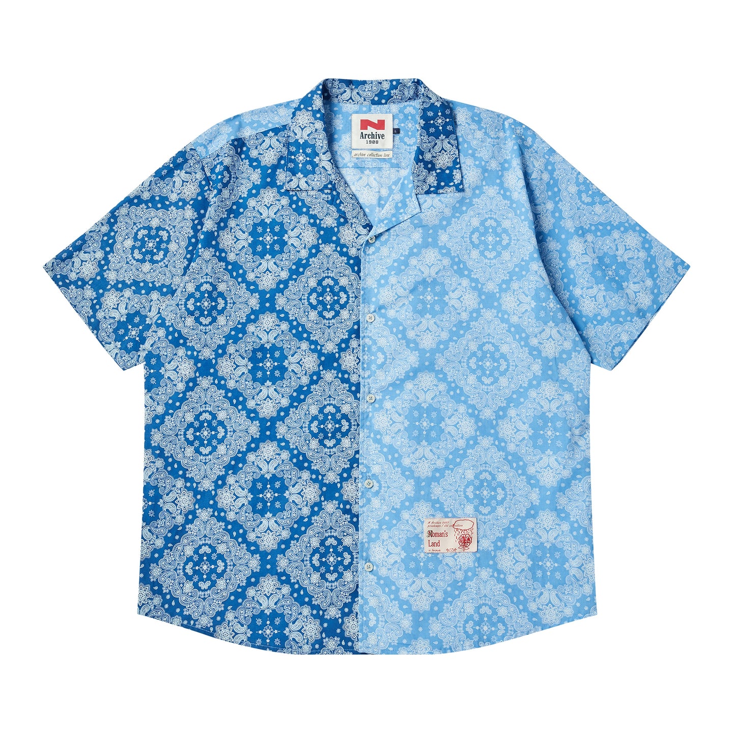 BEYOND CLOSET Collection Line 藍色拼接開領純棉短袖襯衫