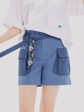 將圖片載入圖庫檢視器 CCOMAQUE 腰帶裝飾雙口袋藍色短褲