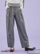 將圖片載入圖庫檢視器 CCOMAQUE 韓式長帶休閒打摺灰色寬褲