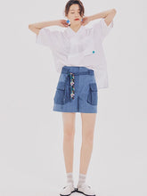 將圖片載入圖庫檢視器 CCOMAQUE 腰帶裝飾雙口袋藍色短褲