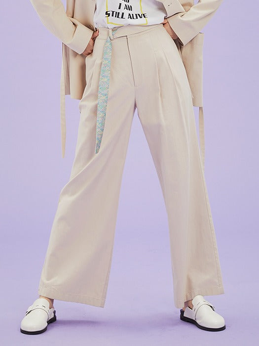 CCOMAQUE 韓式長帶裝飾休閒米色寬褲