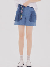 將圖片載入圖庫檢視器 CCOMAQUE 腰帶裝飾雙口袋藍色短褲